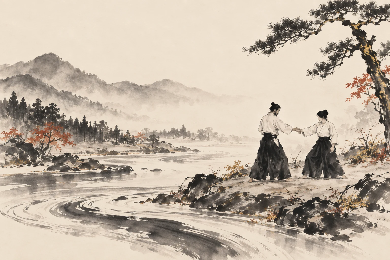 Sumi-e-Illustration für Kyokusui-ryū Aikibudō