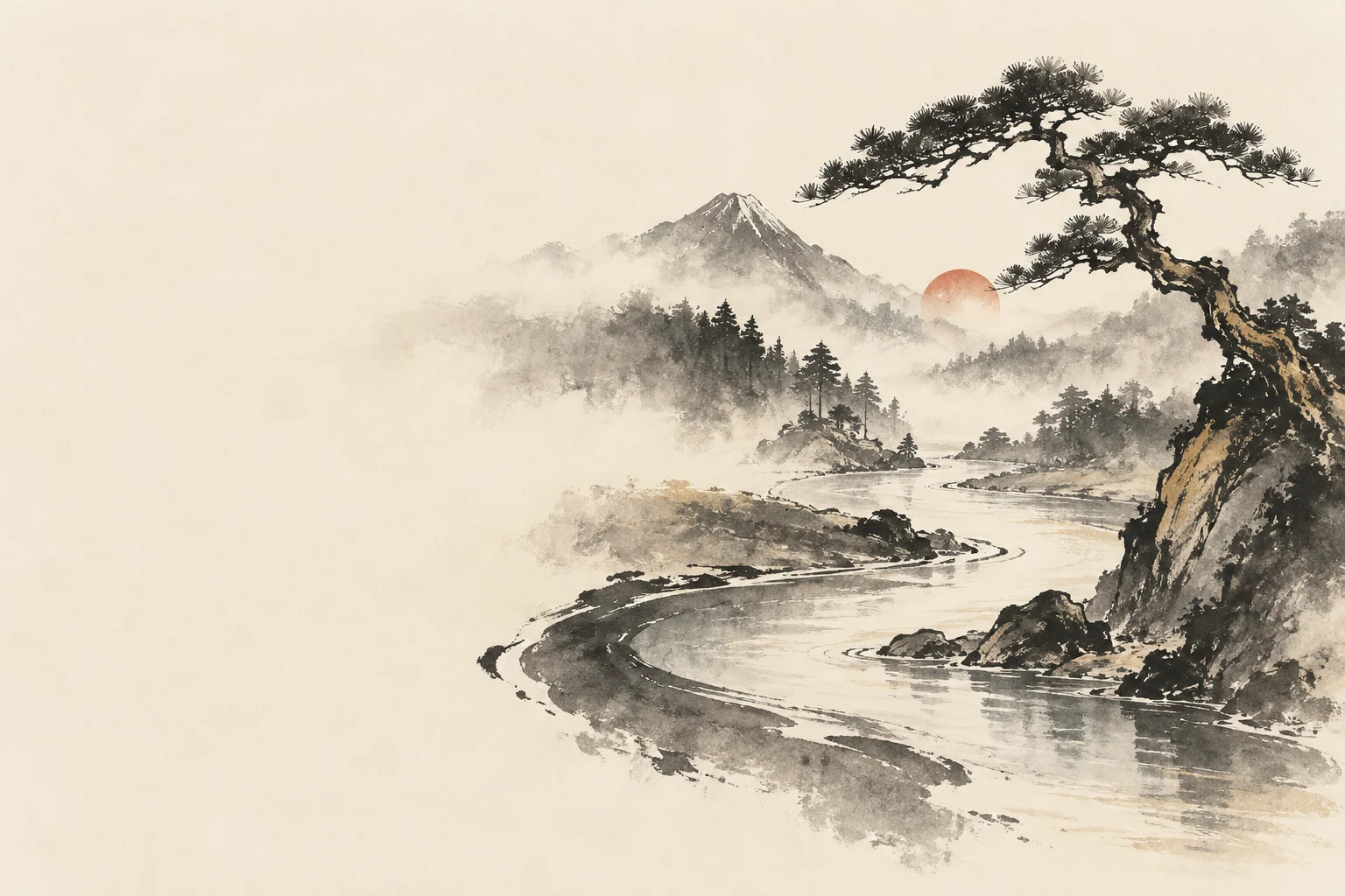 Eine Kiefer über einem gewundenen Fluss in einer weiten japanischen Tuschelandschaft